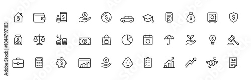Personal finance glyph icon set, vector pictograms for budgeting, investment, mortgage, wallet, payments, debt, education, savings, calendar, charts, black silhouette symbols, planning icons, tax