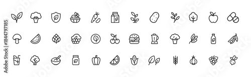 Vegan organic food icon set, vector glyph pictograms for plant based nutrition, superfoods, fruits, vegetables, beans, dairy free meals, eco packaging, black silhouette symbols, healthy lifestyle