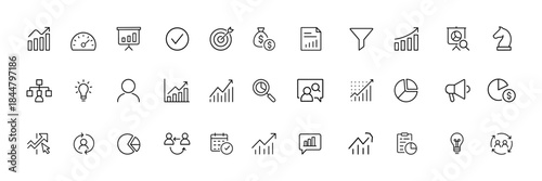 Analytics glyph icon set for business reporting, sales performance, finance growth and data insight, featuring speedometer, charts, targets, money symbols, documents and strategy pictograms