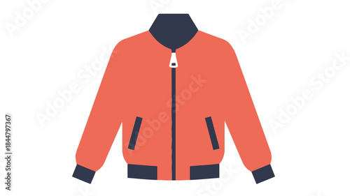 A flat lay illustration of a vibrant coral colored bomber jacket with dark accents