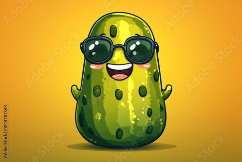Cute cartoon pickle food character with sunglasses in a minimal design for advertising purposes