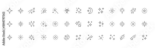Cosmic Star Line Icon Set, Sparkle and Shooting Star Symbols, Magical Wand, Diamond and Constellation Pictograms, Thin Linear Vector Illustration, Celestial Fantasy Design, Astral Light Elements