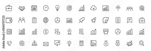 Business glyph icon set, corporate vector pictograms with briefcase, handshake, calendar, clock, idea lightbulb, target, graph, wallet, credit card, office symbols, finance management assets