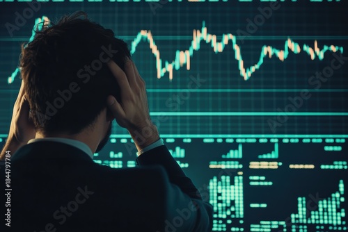 Man holding head in distress while looking at falling stock market chart during market crash