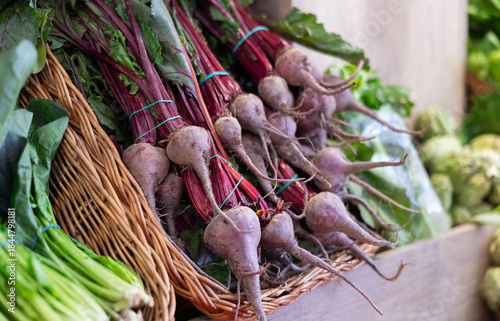 Slika na platnu Lot of high quality organic German or Netherlandish beet root is laid out on shop window