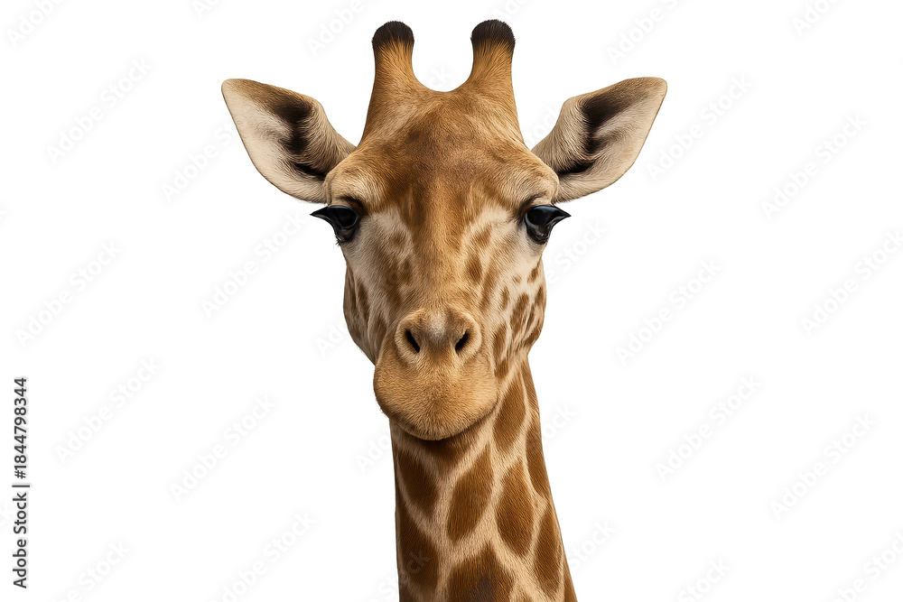 Fototapeta premium Giraffe portrait, headshot close-up on transparent background element art.