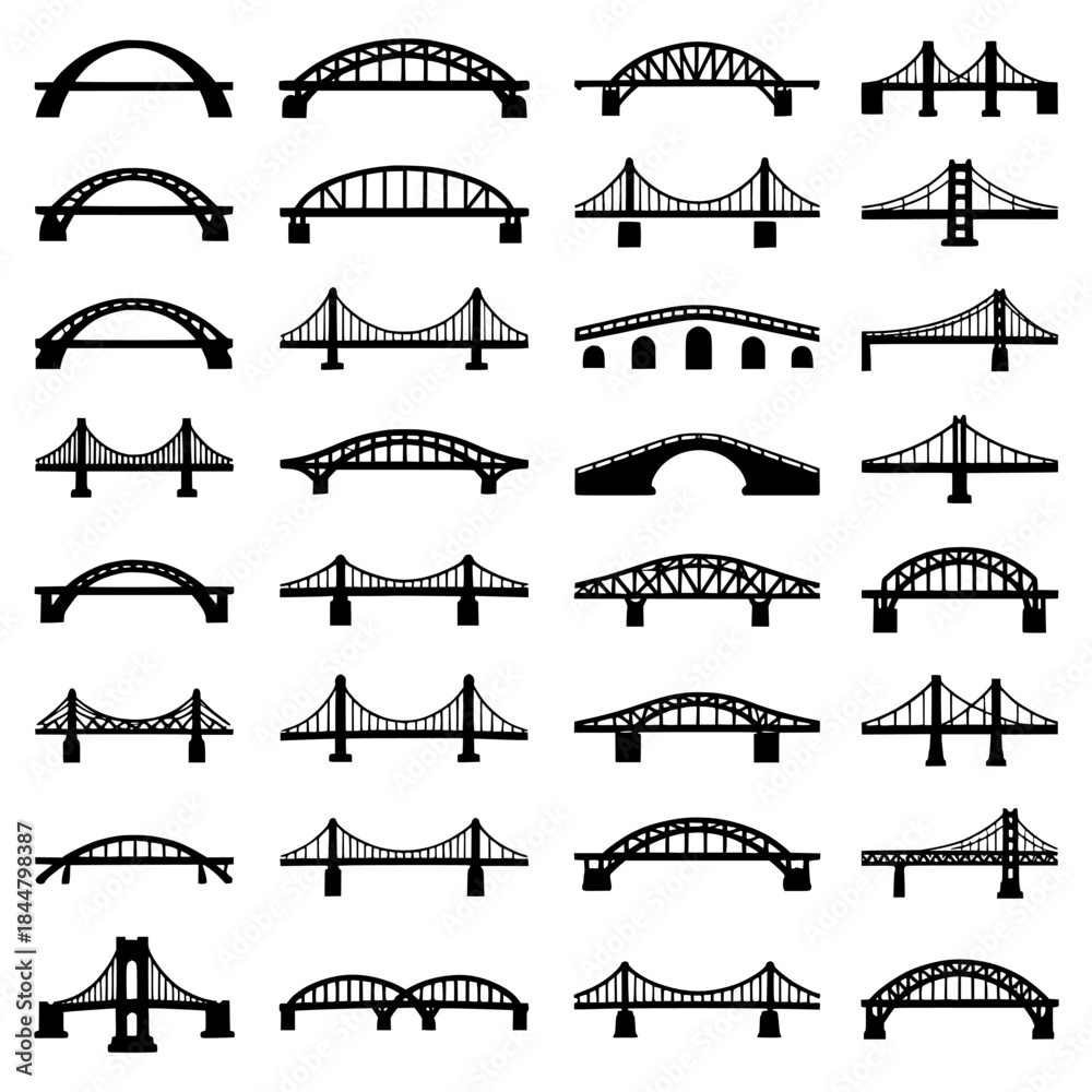 Fototapeta premium Row of Bridge Silhouettes: Architectural Bridge Designs in Black and White