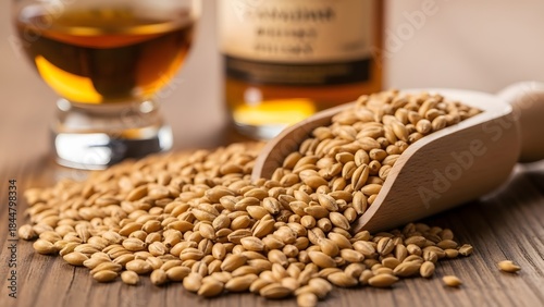 Whiskey and Grain Still Life: An inviting composition featuring a wooden scoop overflowing with golden grains, accompanied by a glass of amber whiskey and a bottle, evoking warmth and indulgence.