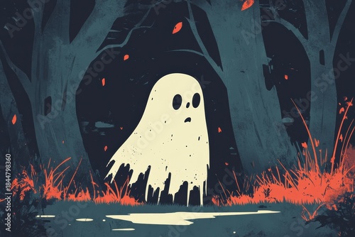 A ghost character stands still in a dark forest scene