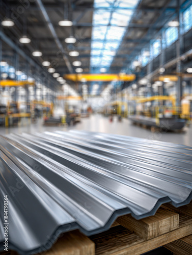 Industrial metal roofing sheets stacked on wooden pallets inside a modern spacious manufacturing warehouse with high ceilings and bright lighting
