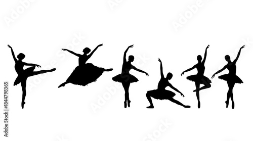 Group of Women Ballet Dancers Silhouetted in Graceful Leaps Against White Background