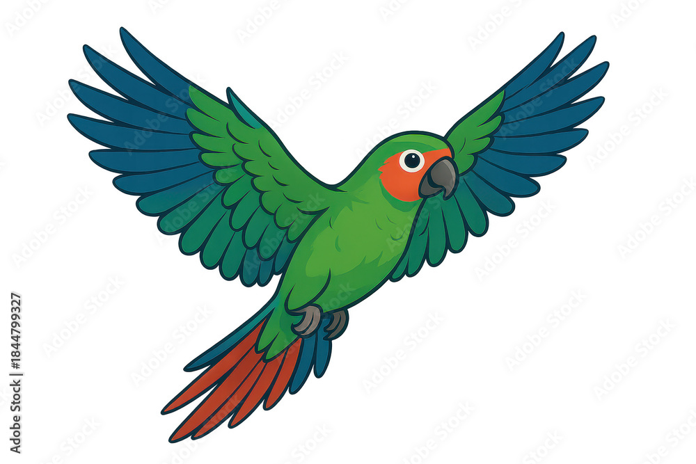 Obraz premium Flying parrot illustration on transparent background, vibrant design.