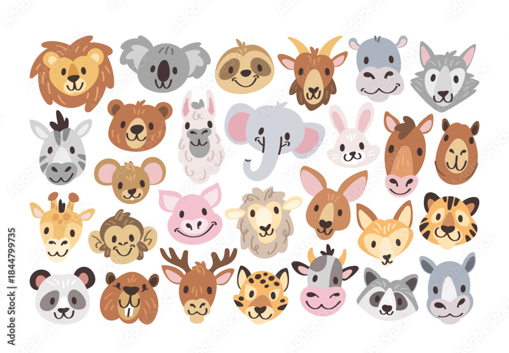 Obraz premium Cute hand drawn animals avatars set featuring range of funny and whimsical facial expressions
