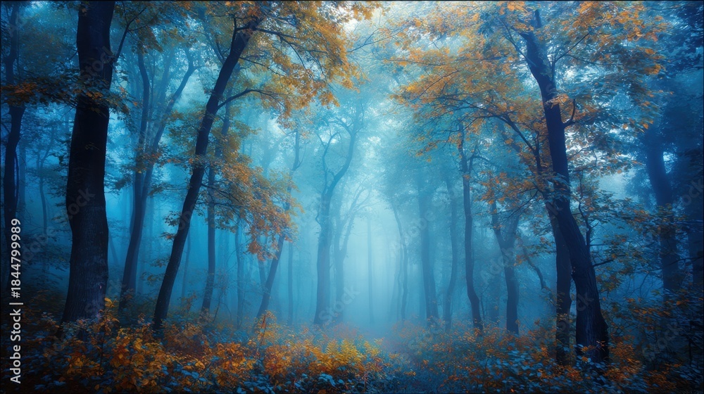 Obraz premium A forest with tall trees shrouded in fog. The ground is covered with orange and yellow leaves. The light creates a soft glow highlighting the trees and mist.