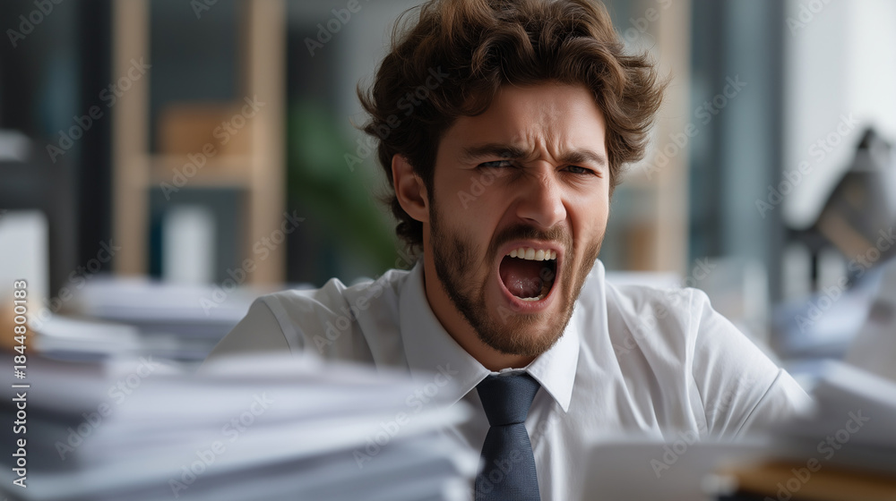 Naklejka premium Faceless furious office worker shouting in chaotic workspace heavily defocused cluttered paperwork background anonymous employee overwhelmed by stress intense emotional outburst