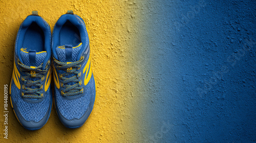 Blue running boots, top view sport shoes in blue and yellow tones.

