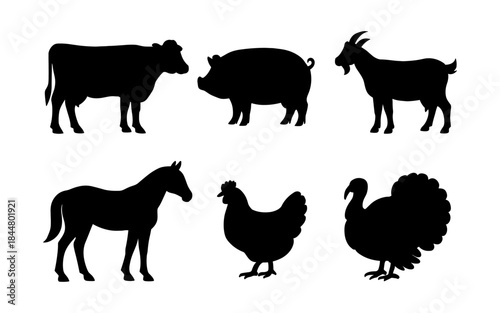 Farm animals silhouettes in black and white on a clean background