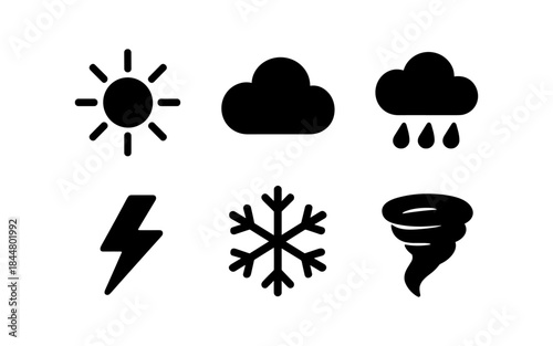 Weather icons set: sun, cloud, rain, lightning, snowflake, and tornado