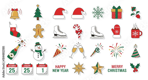 Festive Christmas and New Year Icons Including Snowflakes Gifts and Celebration Elements