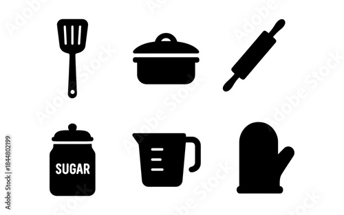 Kitchen utensils and tools in black and white silhouette style