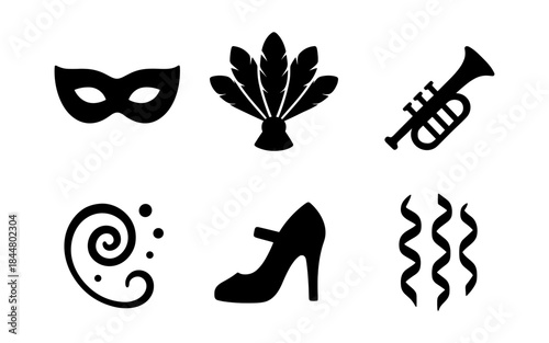 Carnival party icons in black and white, perfect for invitations and posters
