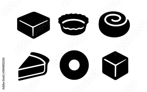 Black and white vector illustration of various baked goods and desserts