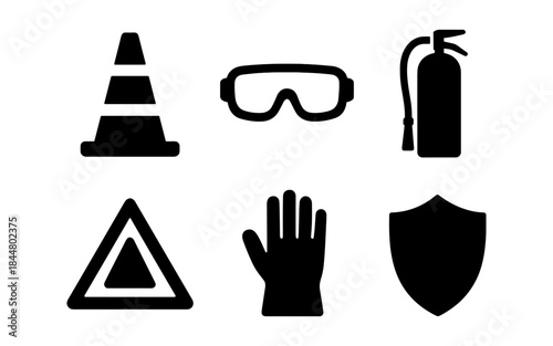 Safety icons: traffic cone, goggles, fire extinguisher, warning sign, glove, shield