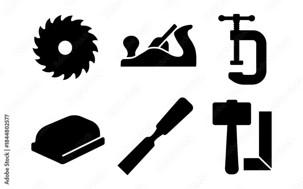 Obraz premium Black silhouette icons of woodworking tools on a white background