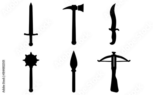 Black silhouette illustrations of medieval weaponry on a white background