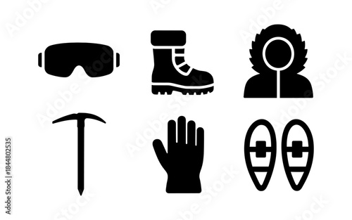 Winter outdoor adventure equipment icons in bold black silhouette style