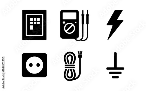 Electrical icons set: circuit breaker, multimeter, lightning, and more