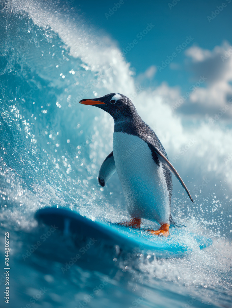 Obraz premium A penguin expertly riding a vibrant blue surfboard on a sparkling ocean wave under a bright sky with fluffy clouds in a unique and dynamic wildlife adventure scene