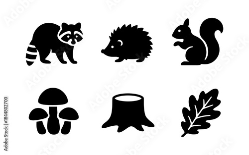 Black and white forest animals and elements in a minimalist style