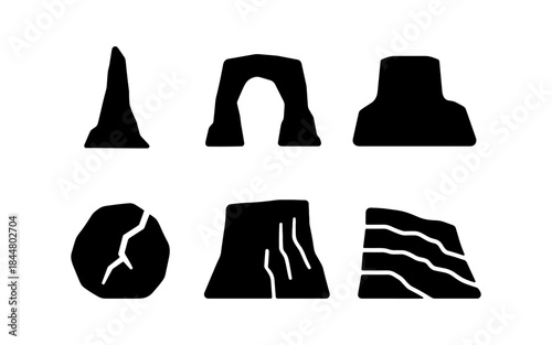 Black and white vector illustrations of various rock formations and landscapes