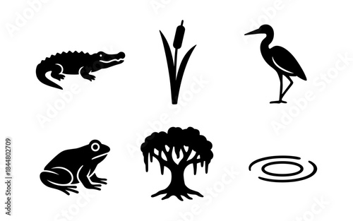 Black and white swamp animals and plants in a minimalist style