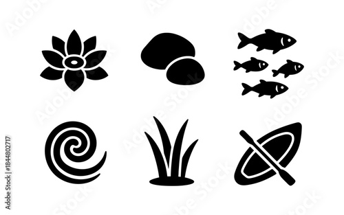 Black and white nature icons: lotus flower, fish, rocks, grass, and kayak