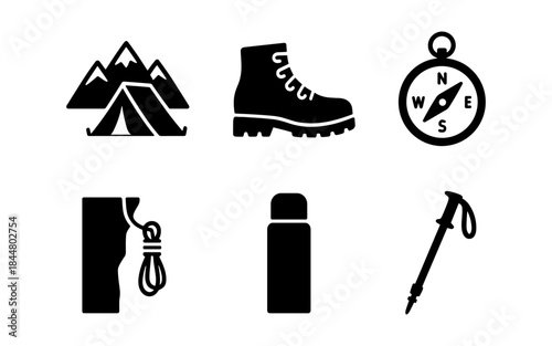 Outdoor adventure icons: camping, hiking, climbing, and navigation symbols