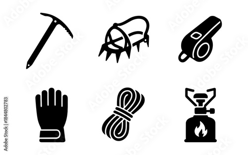 Climbing and camping equipment icons in a clean, minimalist style