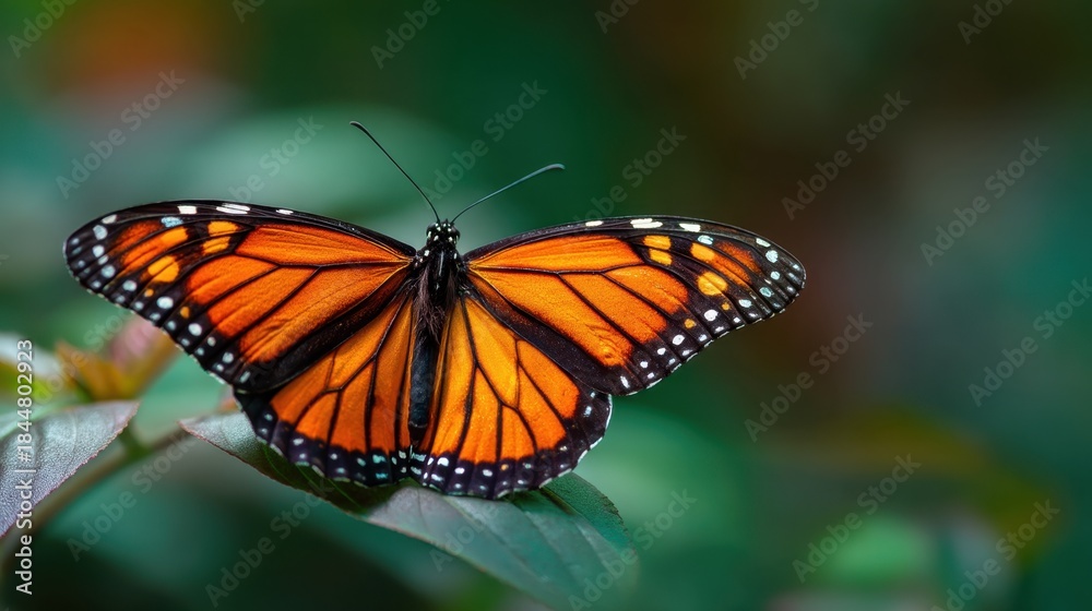 Fototapeta premium A butterfly with orange and black wings sits quietly on a leaf surrounded by lush green foliage. Sunlight highlights the details of its wings in a natural environment.