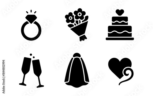 Wedding icons: engagement ring, bouquet, cake, champagne, veil, and heart