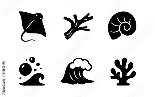 Ocean-themed vector icons in black and white for design and decoration
