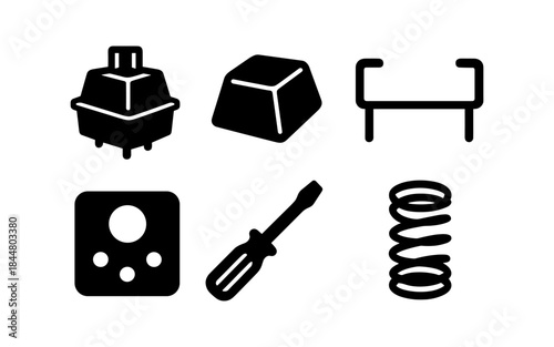 Mechanical keyboard components in bold black and white vector graphics