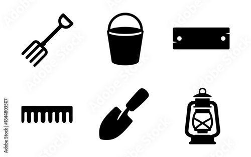 Gardening tools and lantern icons in a simple, minimalist black and white style