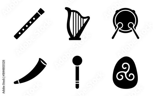 Celtic musical instruments in a simple, minimalist black and white design