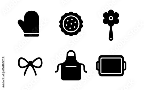 Black and white kitchen icons for cooking and baking on a white background