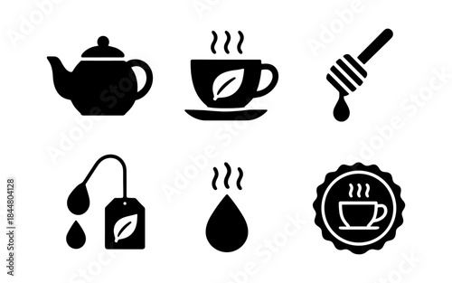 Tea time icons: teapot, teacup, tea bag, honey dipper, and steam