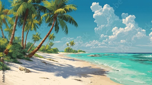 Palm trees line a sandy beach with clear turquoise water and gentle waves. Distant clouds float in the blue sky creating a lively tropic scene filled with sunshine.