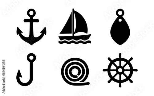 Nautical Icons: Anchor, Sailboat, Hook, Rope, and Ship Wheel Silhouettes