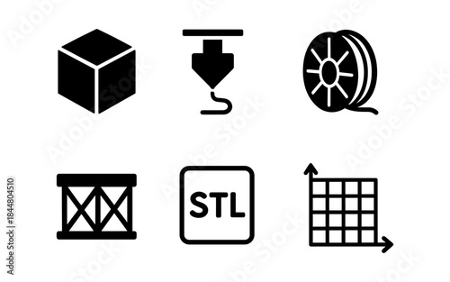 3D printing icons set, including cube, printer, filament, and STL file symbol