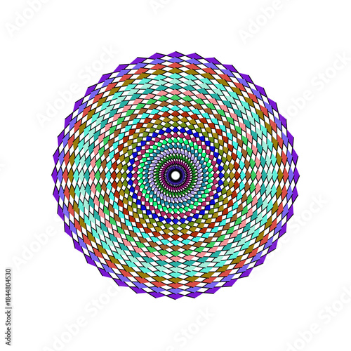 Abstract Circular Pattern of Geometric Shapes and Colors Creating a Mesmerizing Swirl Effect